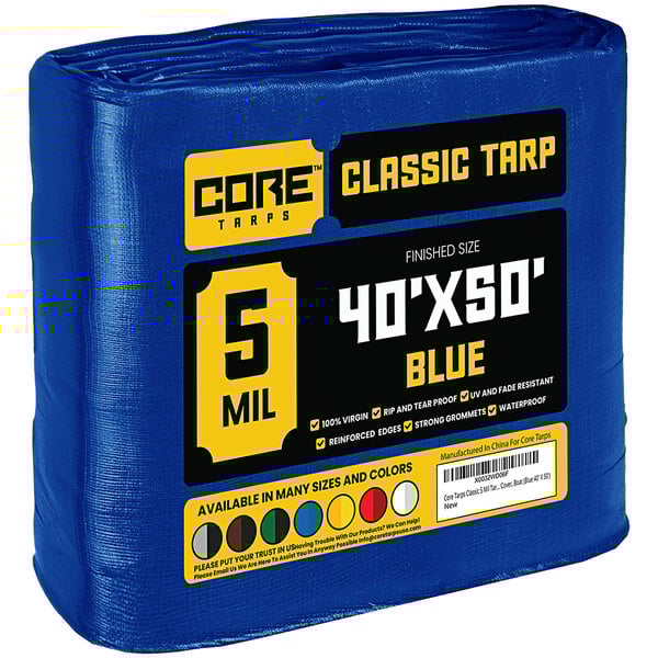 A blue Core Classic Weatherproof Poly Tarp in plastic packaging.