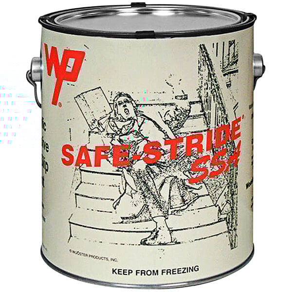 A white gallon can of Wooster Safe-Stride yellow anti-slip paint with red text.