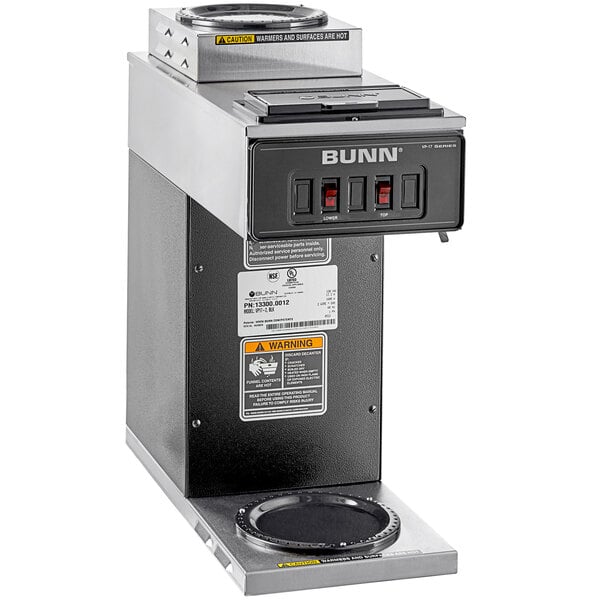 A black and silver Bunn low profile pourover coffee brewer on a counter.