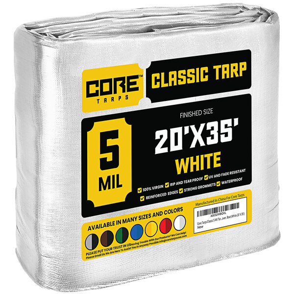 A white Core Classic 5 Mil poly tarp with reinforced edges.