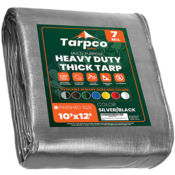 A large silver and black Tarpco heavy-duty weatherproof tarp wrapped in silver packaging.