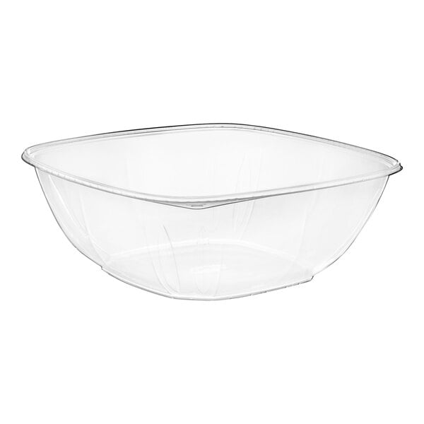 A clear plastic bowl with a curved edge.