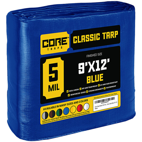 A blue Core Classic weatherproof tarp with reinforced edges.