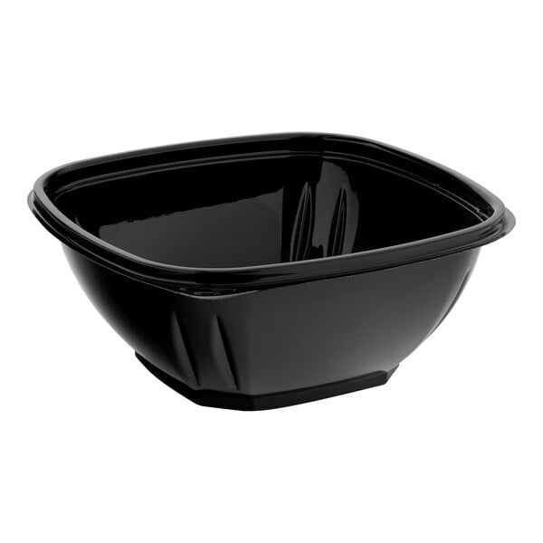 A close up of a black Visions square catering bowl.