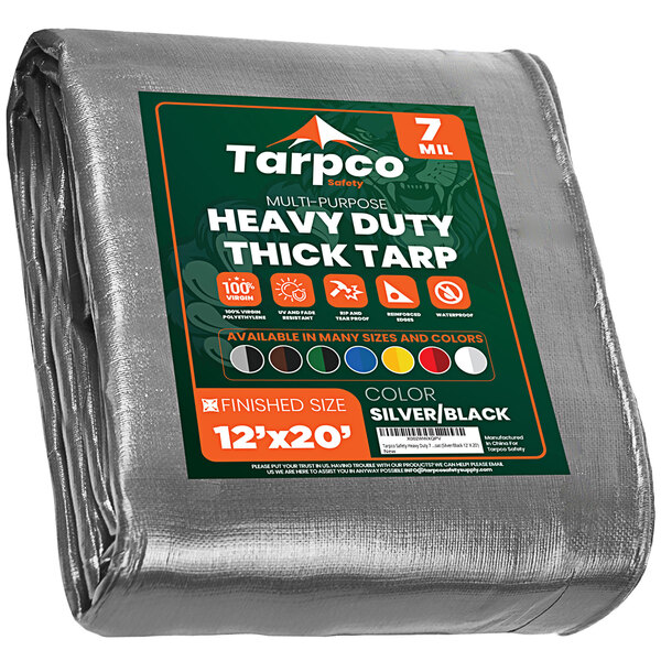 A large silver and black Tarpco heavy-duty weatherproof tarp.