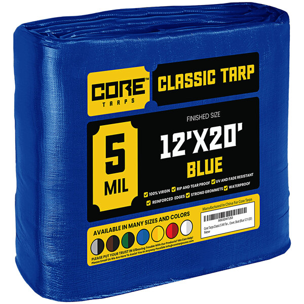 A blue Core Classic Weatherproof Poly Tarp in plastic packaging.