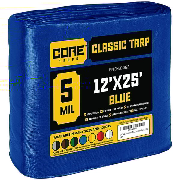 A blue Core Classic 12' x 25' poly tarp with reinforced edges in plastic packaging.