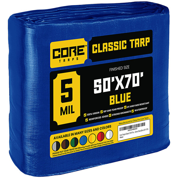 A blue Core Classic Weatherproof Poly Tarp with reinforced edges in plastic packaging.