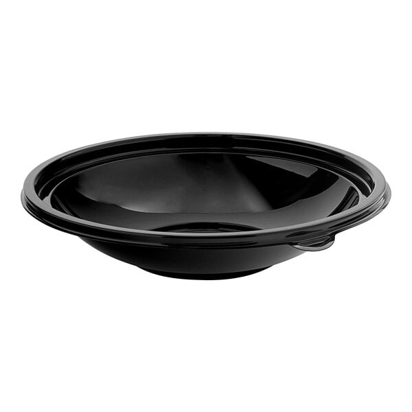 A black Visions catering bowl with a lid.