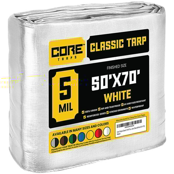 A white Core Classic weatherproof tarp with reinforced edges.