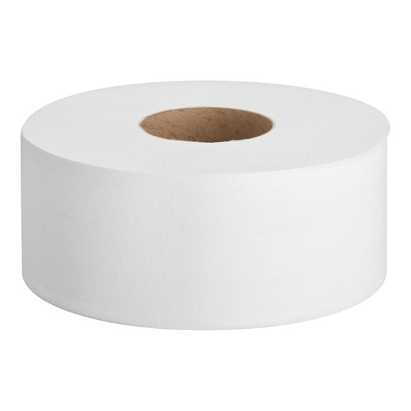 A large white jumbo toilet paper roll with a cardboard core.