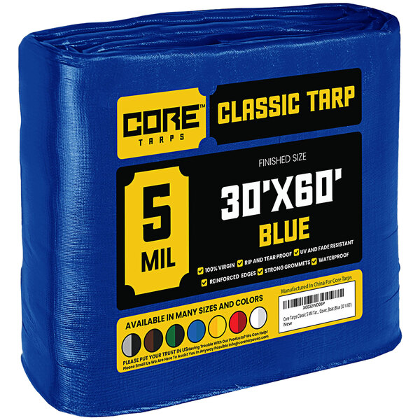 A blue Core Classic weatherproof poly tarp in plastic packaging.