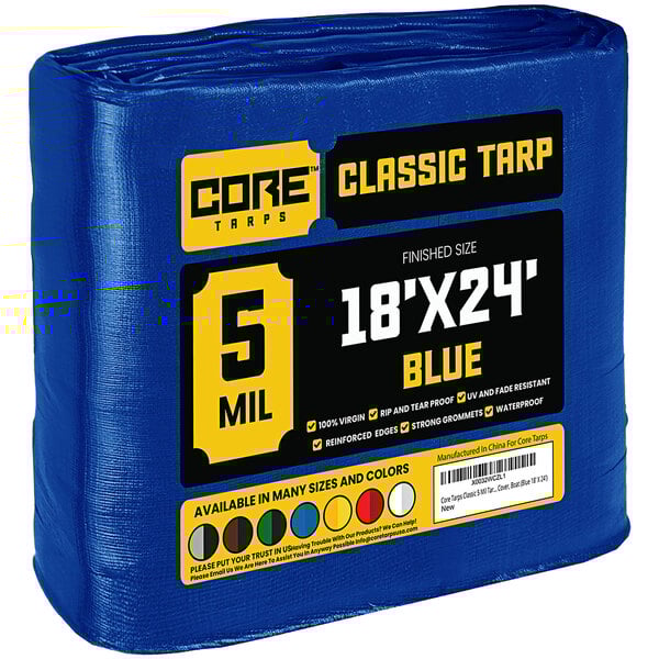 A blue Core Classic weatherproof poly tarp with reinforced edges.