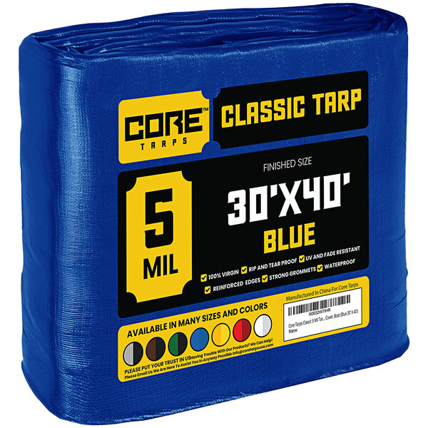 A blue Core Classic Weatherproof Poly Tarp with reinforced edges in plastic packaging.