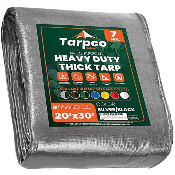 A Tarpco heavy-duty silver and black tarp with reinforced edges.