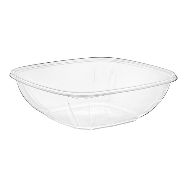 A clear plastic Visions square bowl with curved edges.