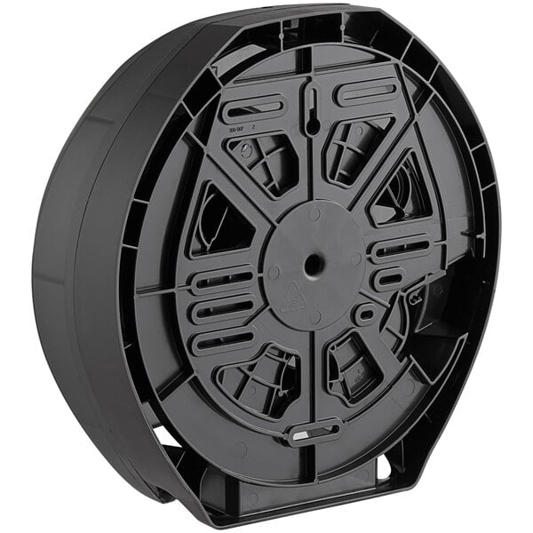 A black plastic Tork Opticore toilet tissue reel with black plastic handles and a circular hole.