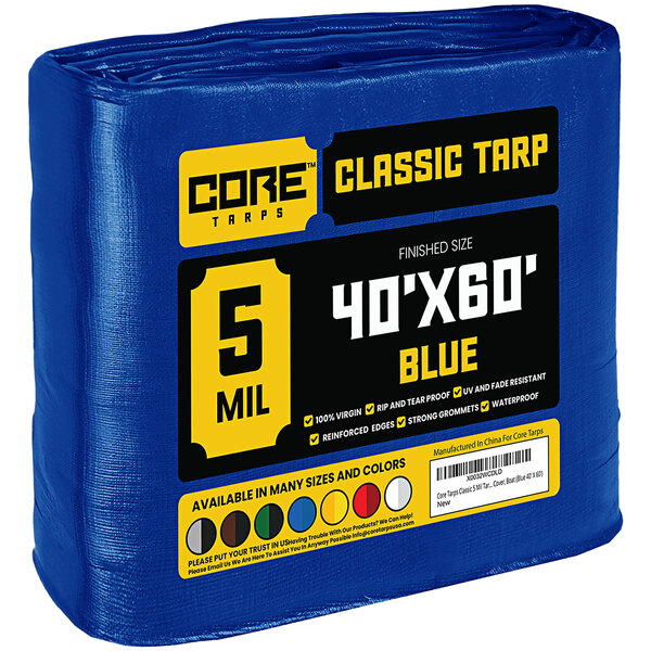 A blue Core Classic weatherproof tarp with reinforced edges.