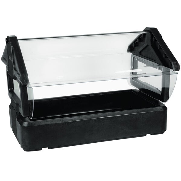 A black plastic tabletop food and salad bar with clear sneeze guard.