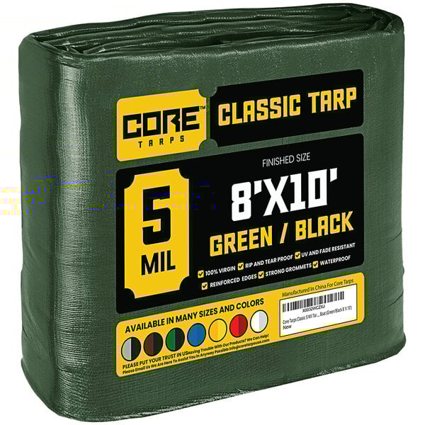A green Core Classic 8' x 10' tarp wrapped in plastic.
