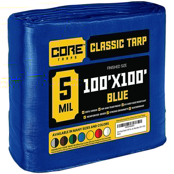 A blue Core Classic Weatherproof poly tarp wrapped in plastic.