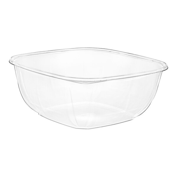 A clear plastic square catering bowl with a clear bottom.