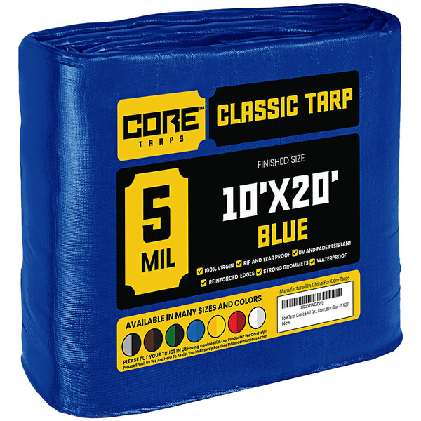 A blue Core Classic 10' x 20' tarp wrapped in plastic.