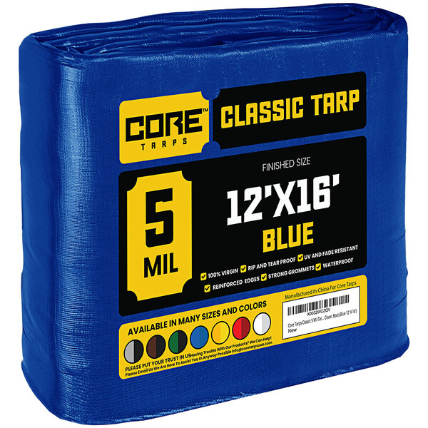 A blue Core Classic 12' x 16' poly tarp with reinforced edges.