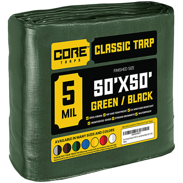 A green and black Core Classic weatherproof poly tarp with reinforced edges.