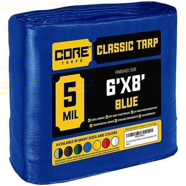 A blue tarp with the words "Classic Weatherproof" in plastic packaging.