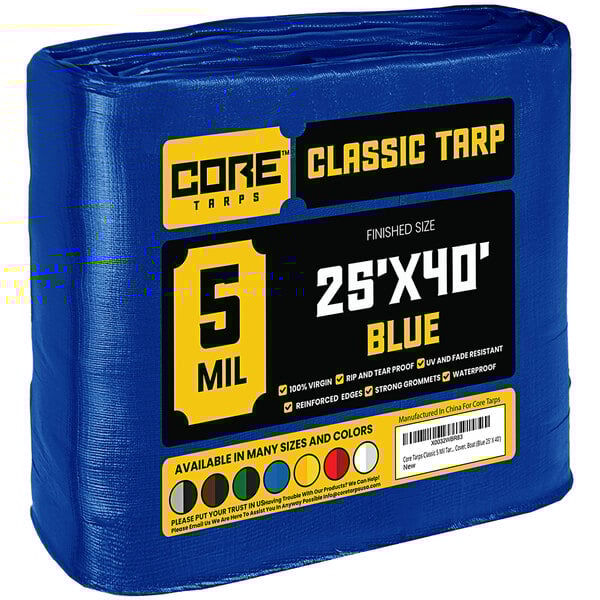 A blue Core Classic 25' x 40' poly tarp package.