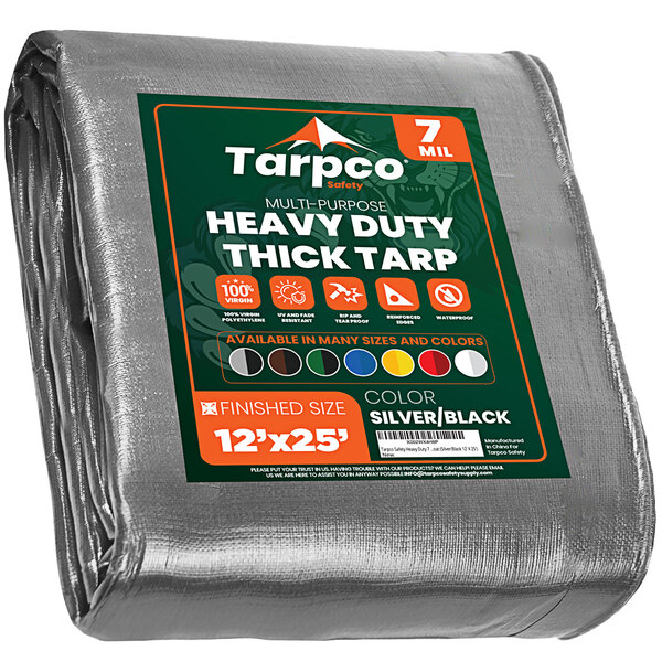 A large silver and black Tarpco heavy-duty weatherproof tarp with reinforced edges.