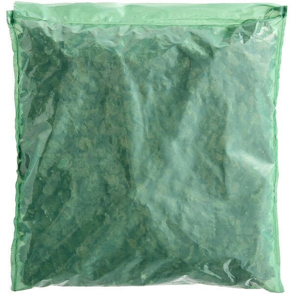 A green bag with a white label and white handle with Beyond Meat Plant-Based Vegan Seared Steak Tips inside.