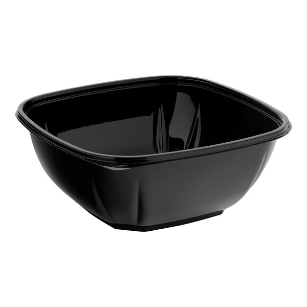 A Visions black PET plastic square bowl with a white background.