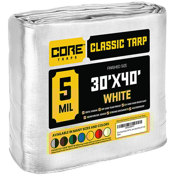 A white Core Classic weatherproof poly tarp with reinforced edges.