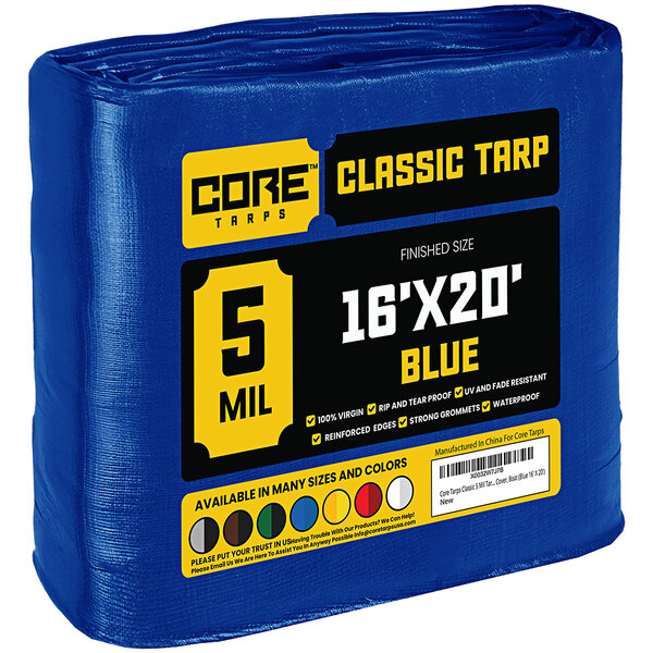A blue Core Classic weatherproof poly tarp with reinforced edges.