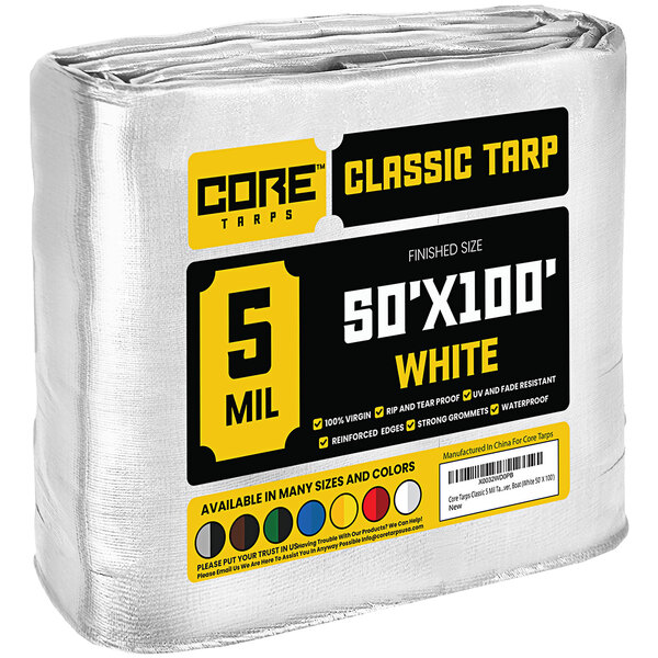 A white Core Classic weatherproof poly tarp with reinforced edges.