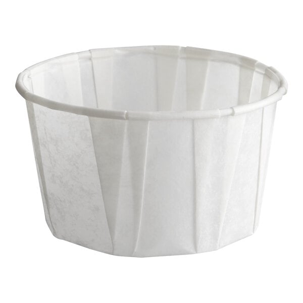 A white paper 3.25 oz. souffle or portion cup.