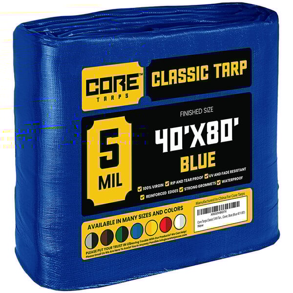 A blue Core classic weatherproof poly tarp with reinforced edges.