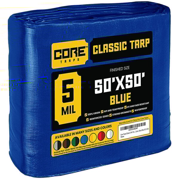 A blue plastic package of Core Classic blue tarps with reinforced edges.