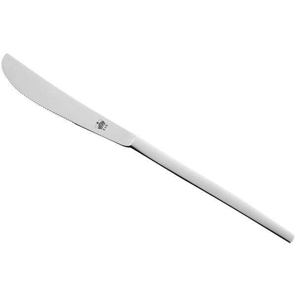 A RAK Porcelain stainless steel dinner knife with a white handle.
