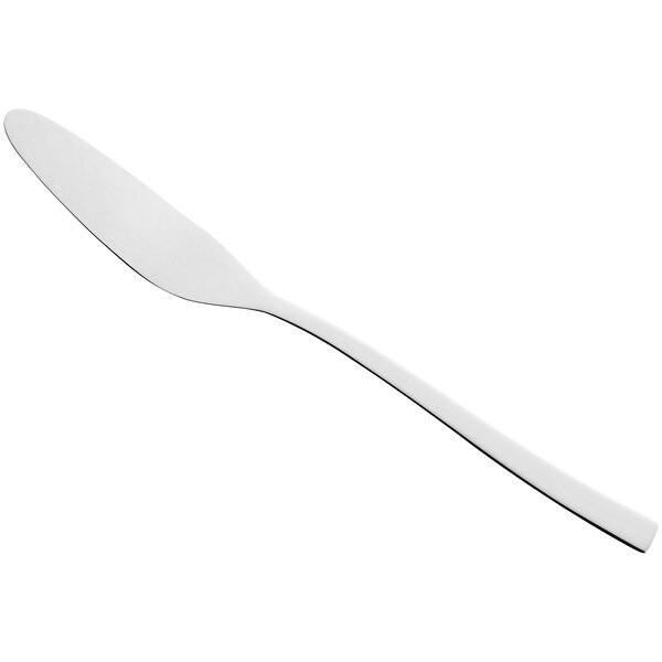 A silver fish knife with a long handle and a serrated edge.