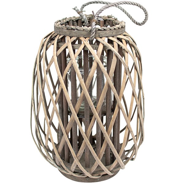 A small gray willow lantern with glass and rope handle.