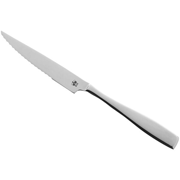 A silver steak knife with a black handle and a logo on it.