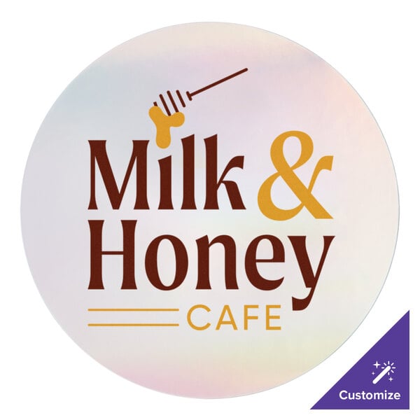 A white circle sticker with brown text and a honey sticker.