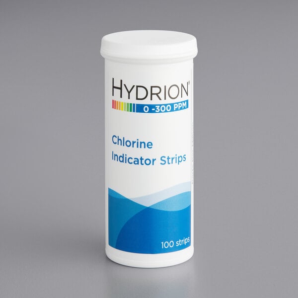 A white Hydrion container of chlorine test strips with blue and white labels.