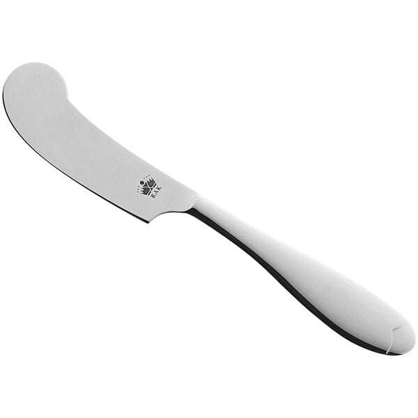 A RAK Porcelain Anna silver butter knife with a black handle.