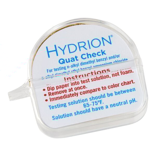 A Hydrion QC-1001 Quaternary high-range sanitizer and disinfectant test kit with a 15-foot test paper roll in a clear plastic dispenser.