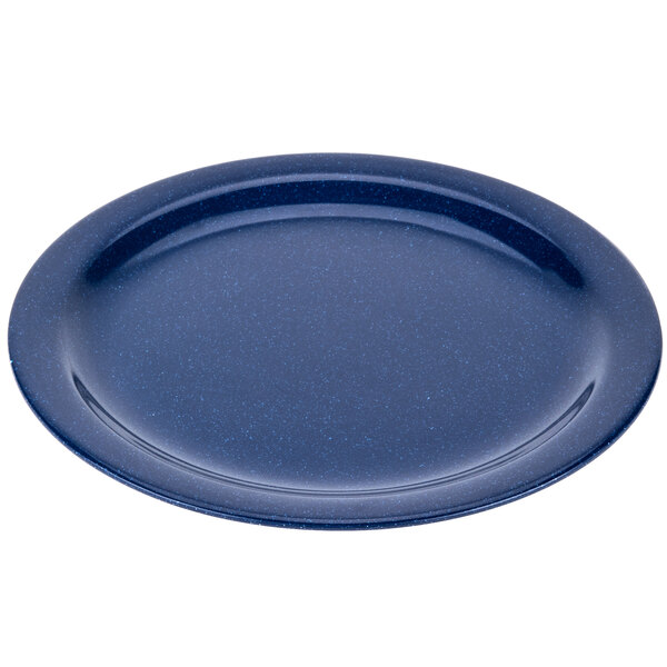 A blue speckled Carlisle Dallas Ware melamine plate.