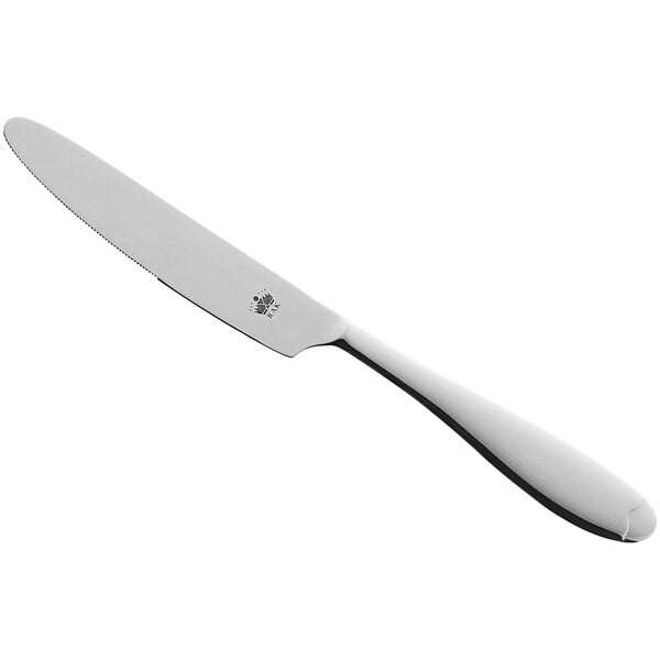 A silver dessert knife with a white handle.